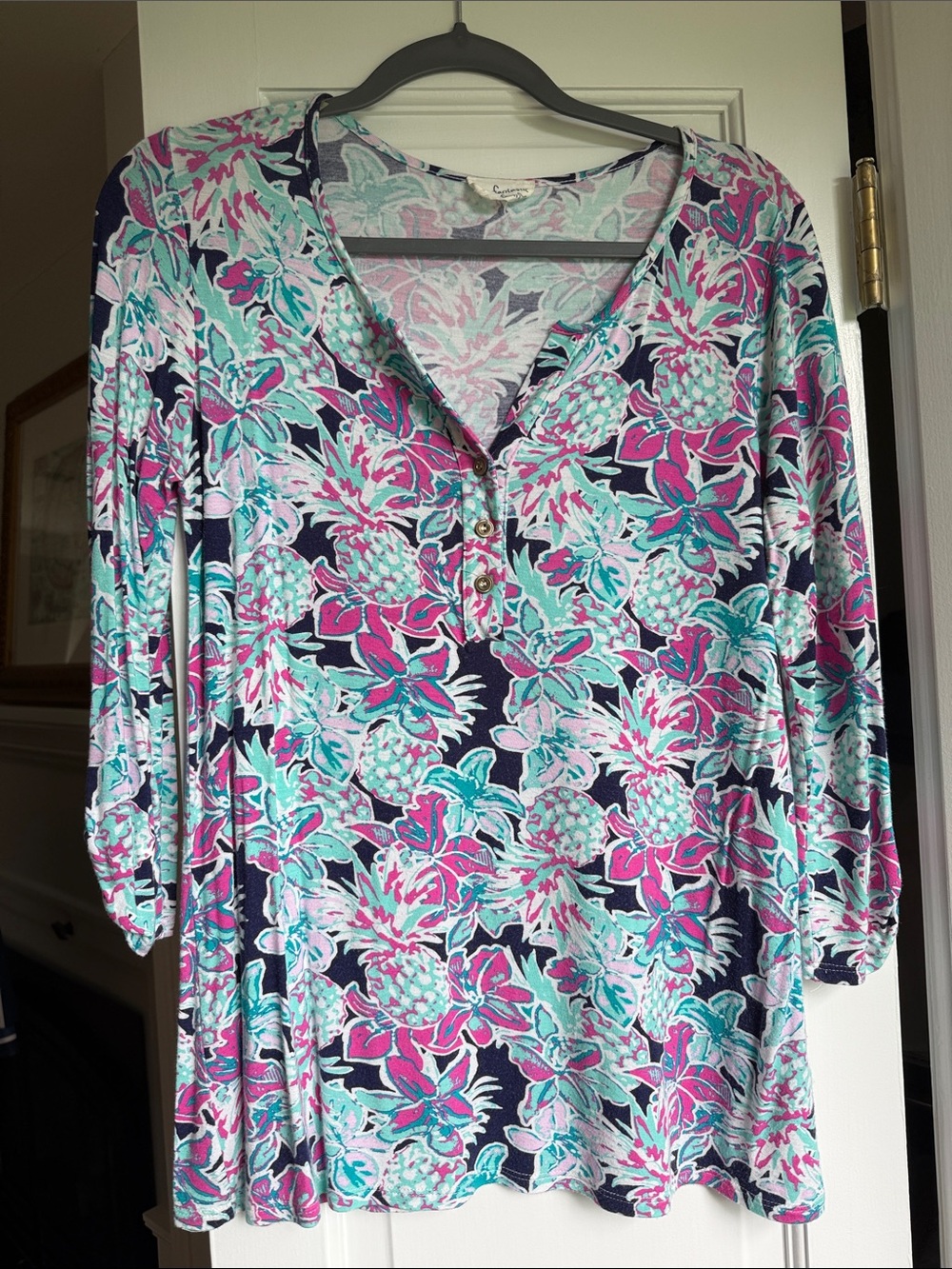 Fantastic Fawn Navy Pink Teal Floral Henley Long Sleeve Top